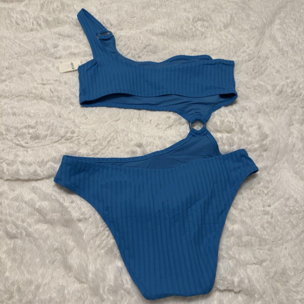 NEW Aerie Wide Rib Cut Out One Shoulder Ring One Piece Swimsuit Sz XL Elite Blue - Picture 3 of 8